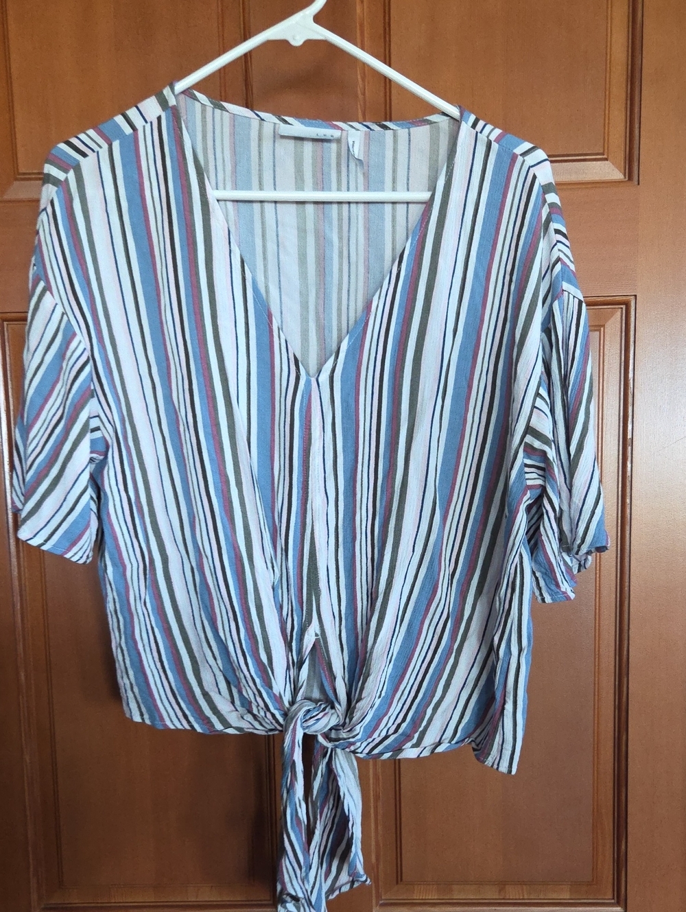 LUQ Striped Tie-Front V-Neck Women's Top in Blue and Cream
